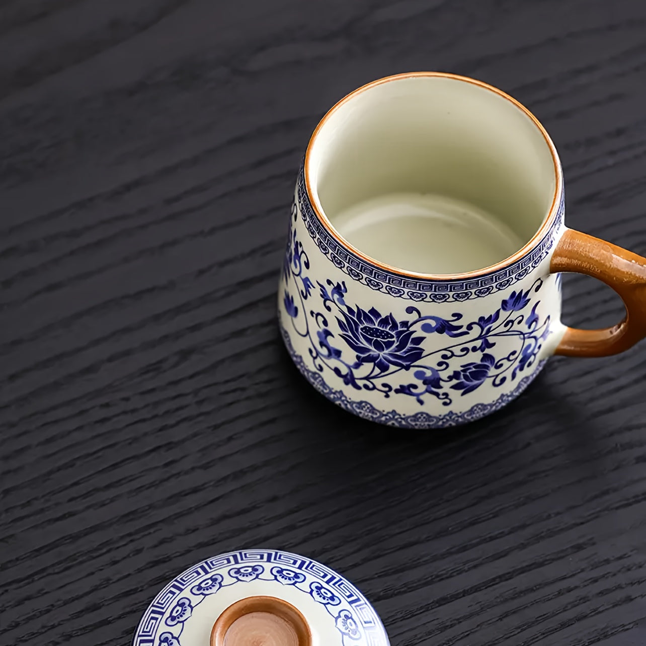 藍白汝家茶杯附蓋 - 花卉咖啡杯，手工製作，傳統中式設計，適合家庭和辦公室使用，僅限手洗，咖啡杯