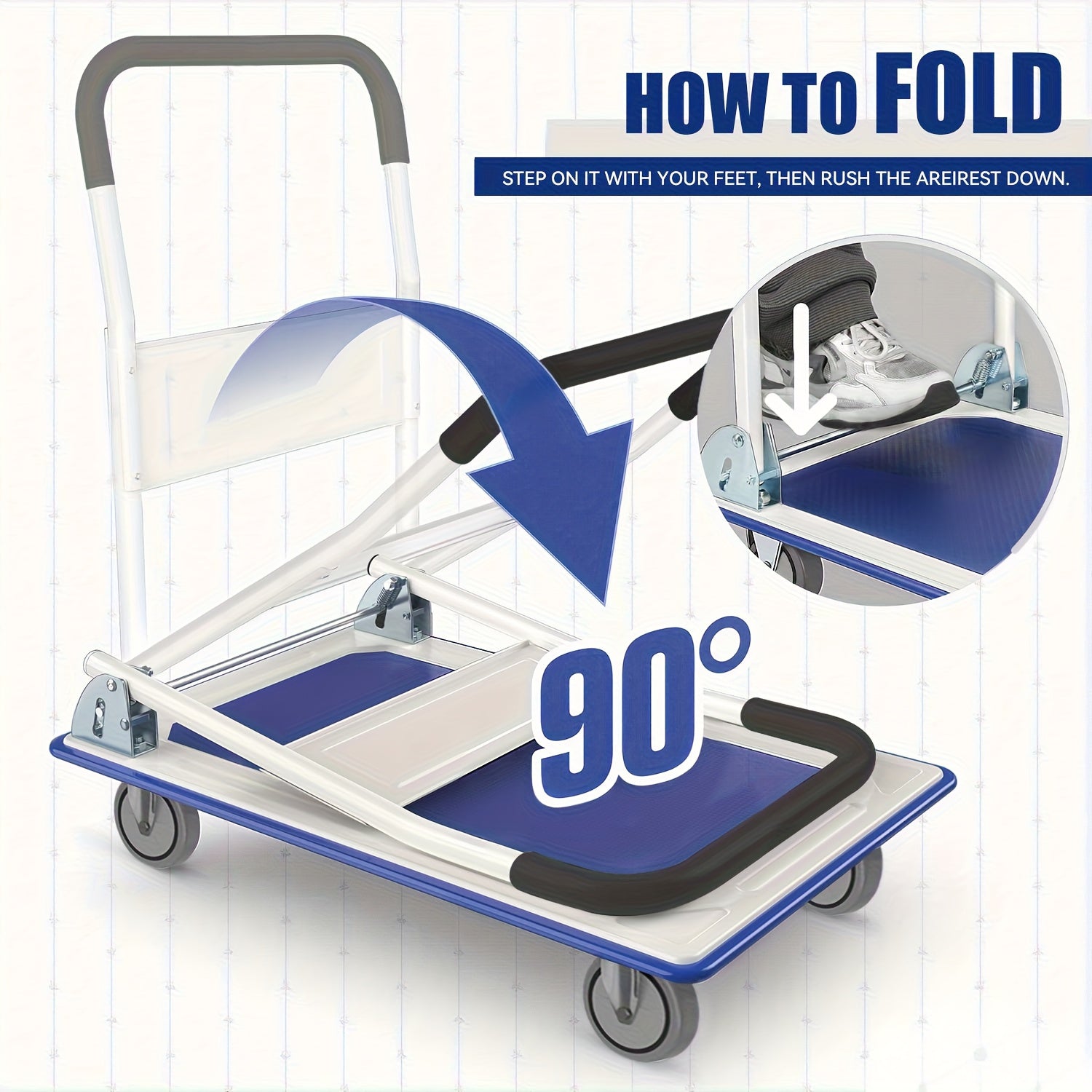 A Foldable Platform Hand Truck With High Load-bearing Capacity, Crafted From Carbon Steel, Features Two 360° Silent Swivel Wheels And Two Fixed Silent Wheels For Easy Transportation Of Boxes, Furniture, And Appliances. Ideal