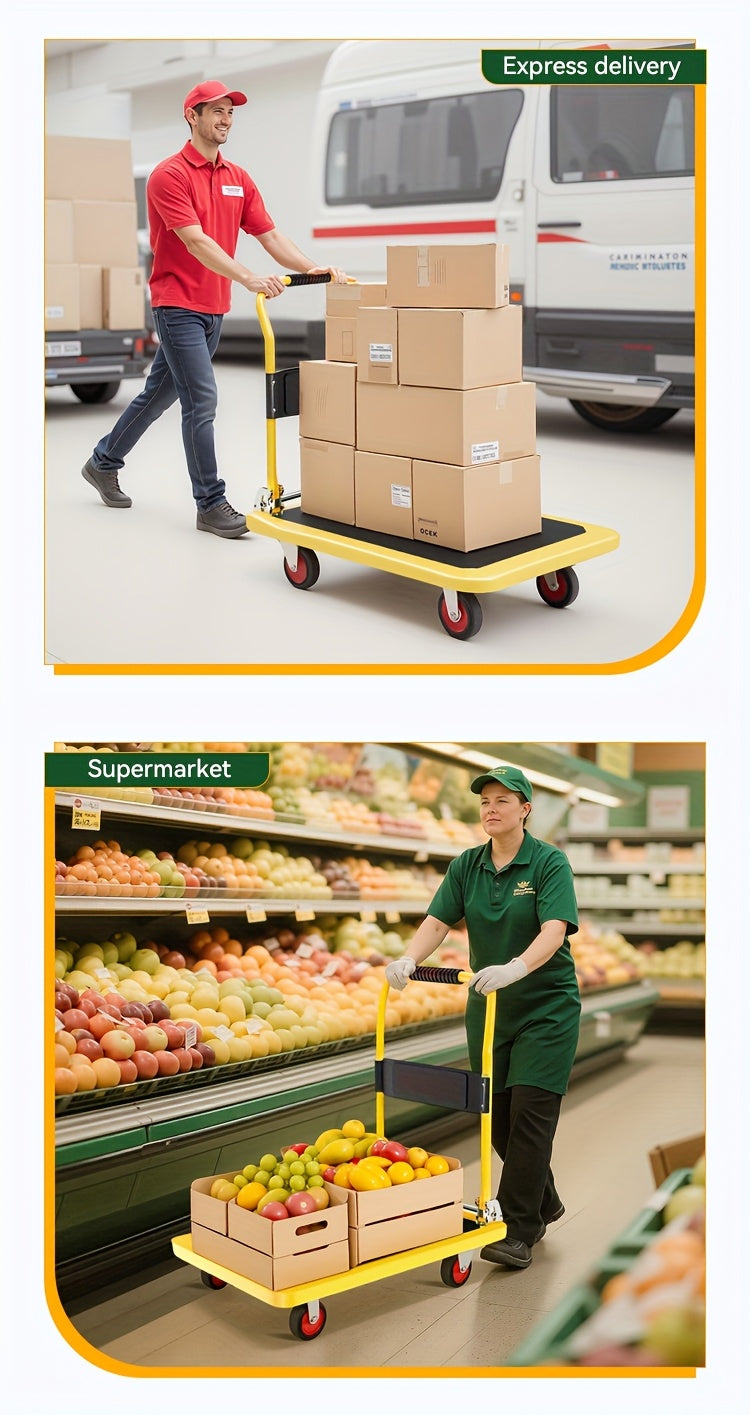 A Foldable Platform Hand Truck With High Load-bearing Capacity, Crafted From Carbon Steel, Features Two 360° Silent Swivel Wheels And Two Fixed Silent Wheels For Easy Transportation Of Boxes, Furniture, And Appliances. Ideal