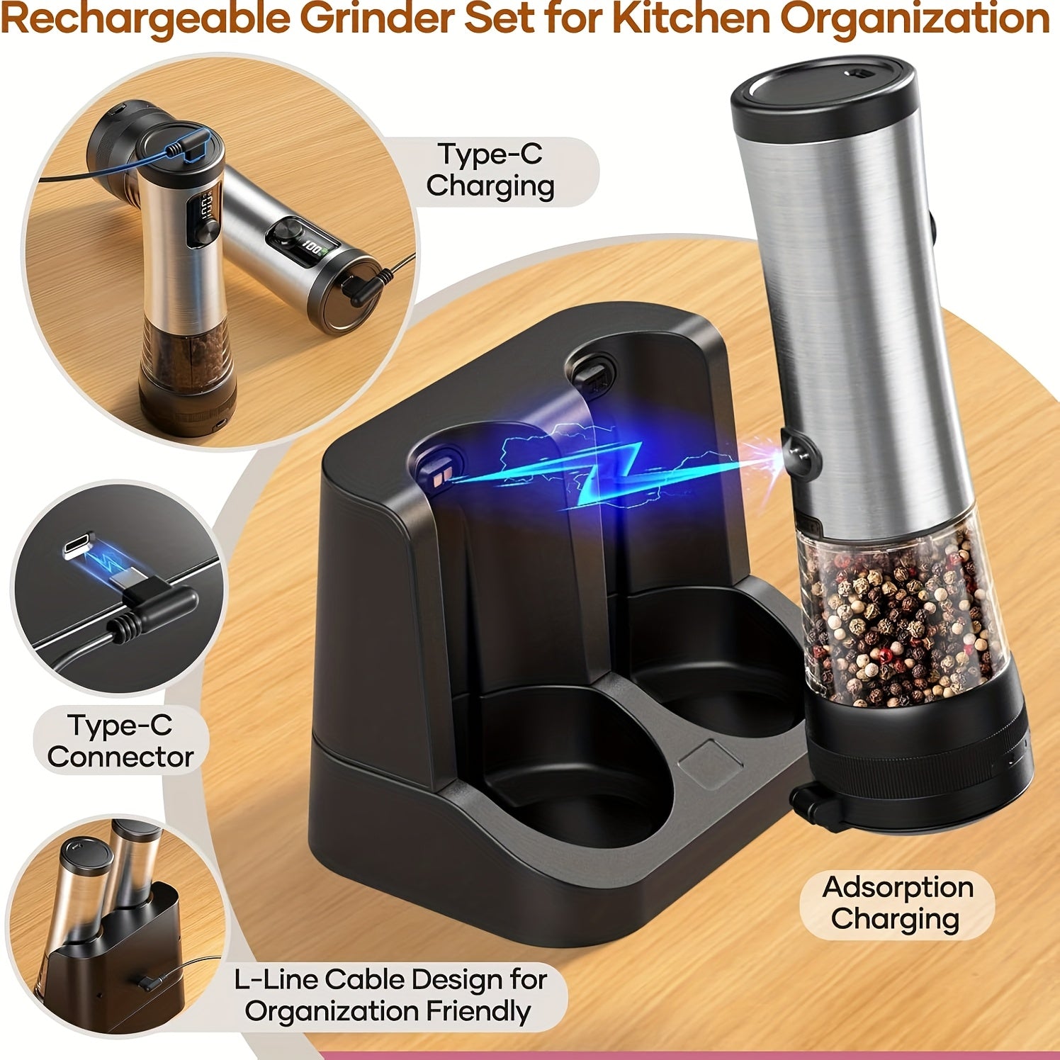 Large Rechargeable Electronic Salt &amp; Pepper Mill with LED Light