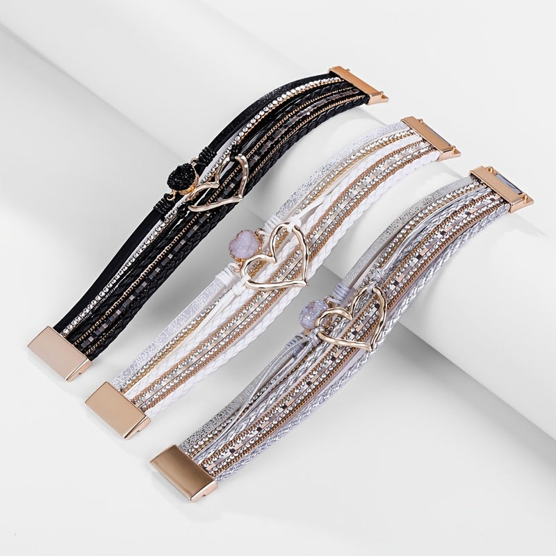 [Boho Chic Heart Bracelet] Boho Chic Multi-Layer PU Leather Magnetic Clasp Bracelet - Black Braided Design & Crystal Accents, Golden-Tone Metal Heart Pendant, Elegant Love Heart - Daisan Mart
