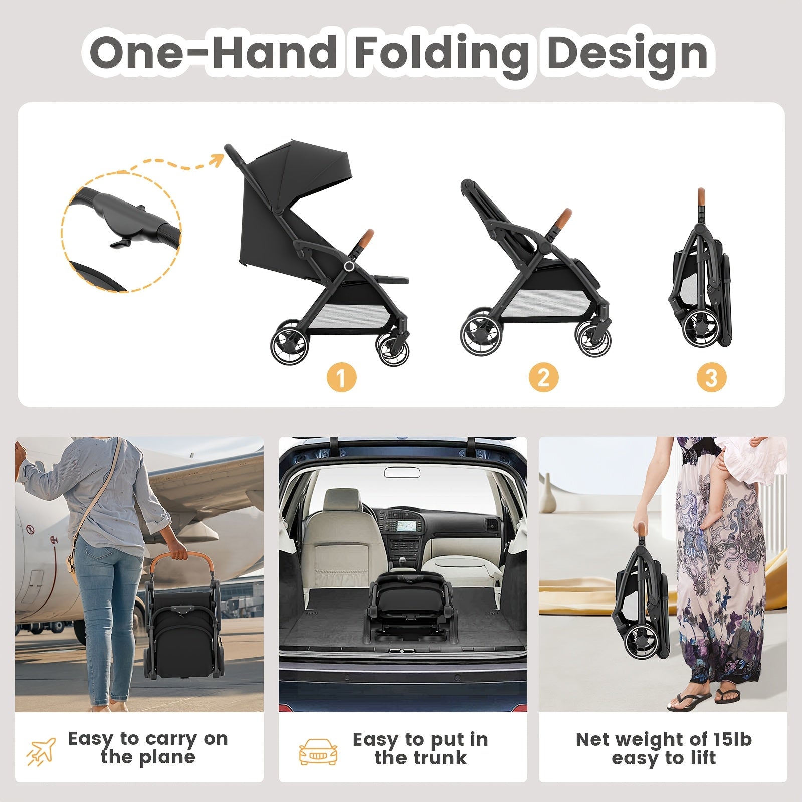 Foldable Travel Stroller for Baby, Reversible Seat