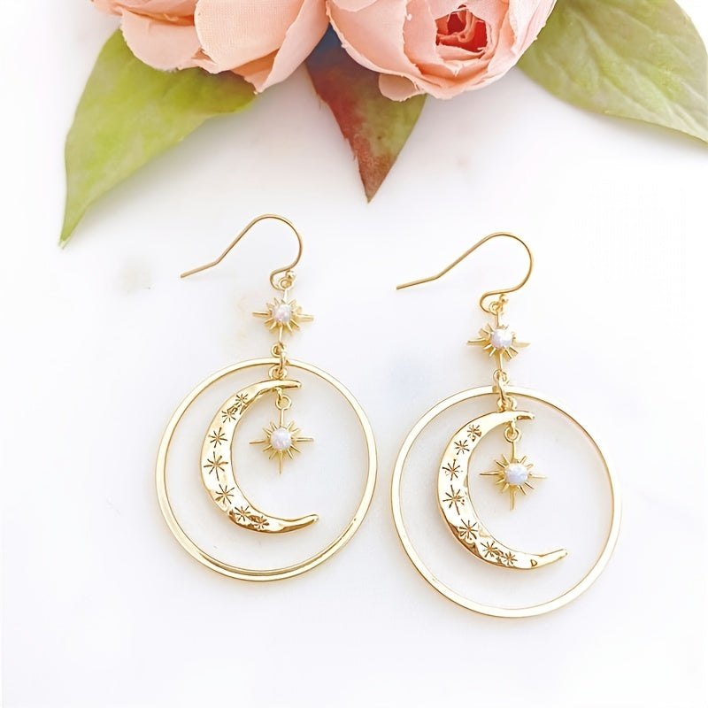 [Moon Earrings] Golden-Tone Boho-Chic Moonstone Dangle Earrings for Women - Crescent Moon with Star Motifs, Zinc Alloy, Perfect for Daily Wear & Parties