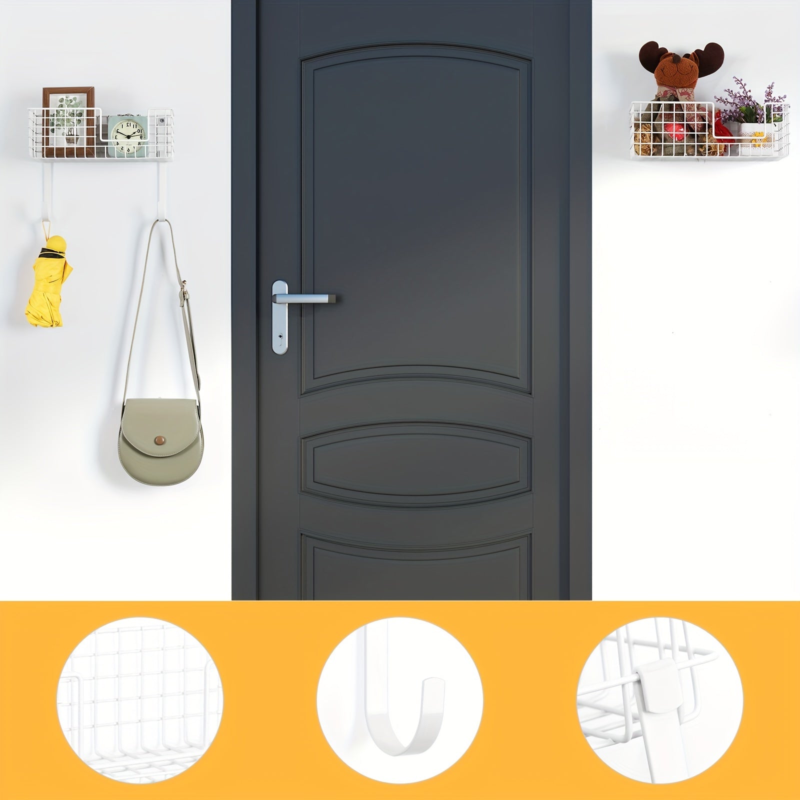 White Wall Mounted Ironing Board Hanger Holder with Storage Baskets Laundry Room Rack Wall Mount Metal Ironing Board Rack with Shelf and Basket for Laundry Room Organization and Storage with 2 Baskets