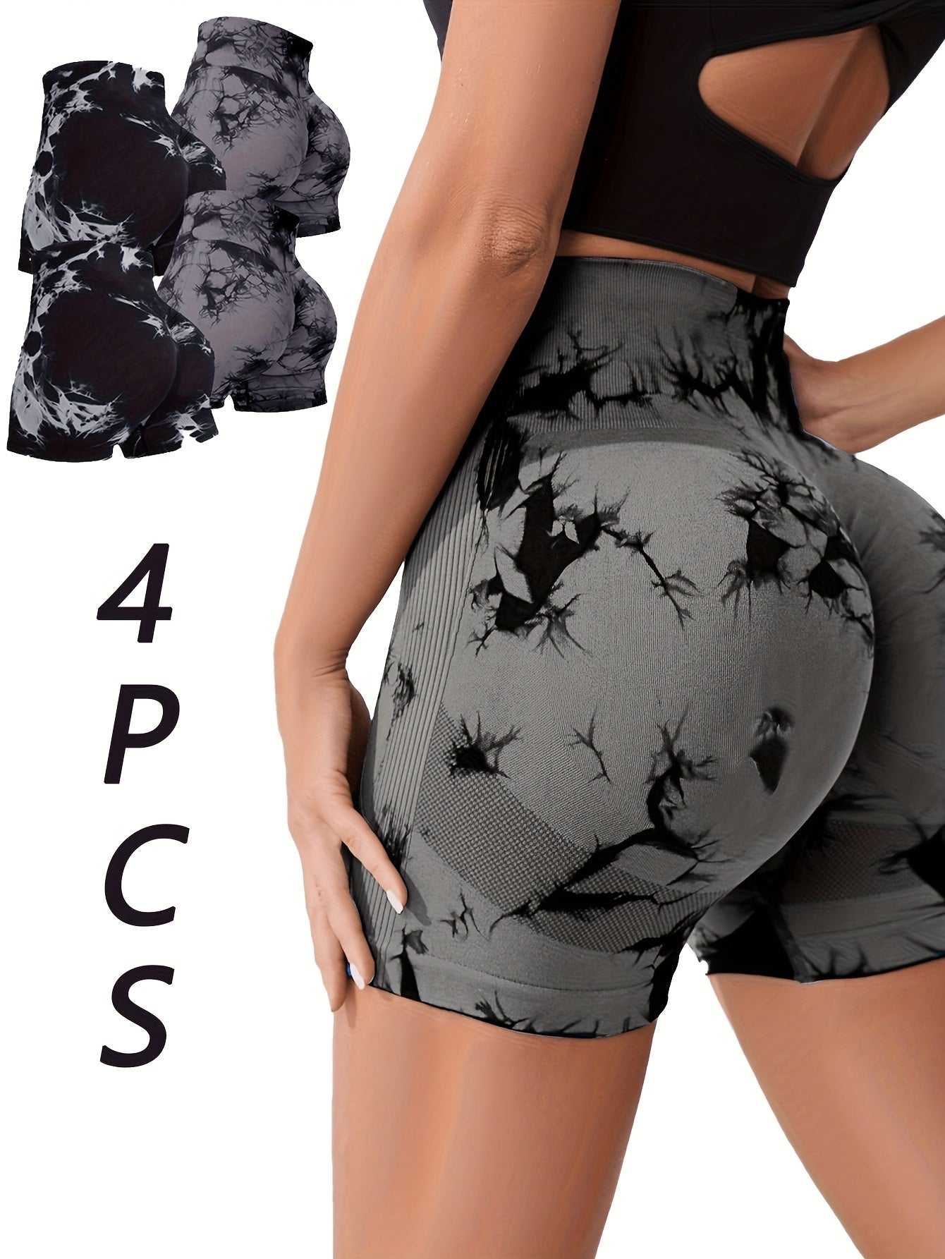 4pcs Dfyne Impact Women's High-Waisted Yoga Shorts - Seamless Tummy Control, Butt-Lifting Tie-Dye Design with Elastic Waistband, 4 Colors (Black/Red Camo, Navy/White, Purple/Teal, Red Floral) - Breathable Stretchy Workout Sho