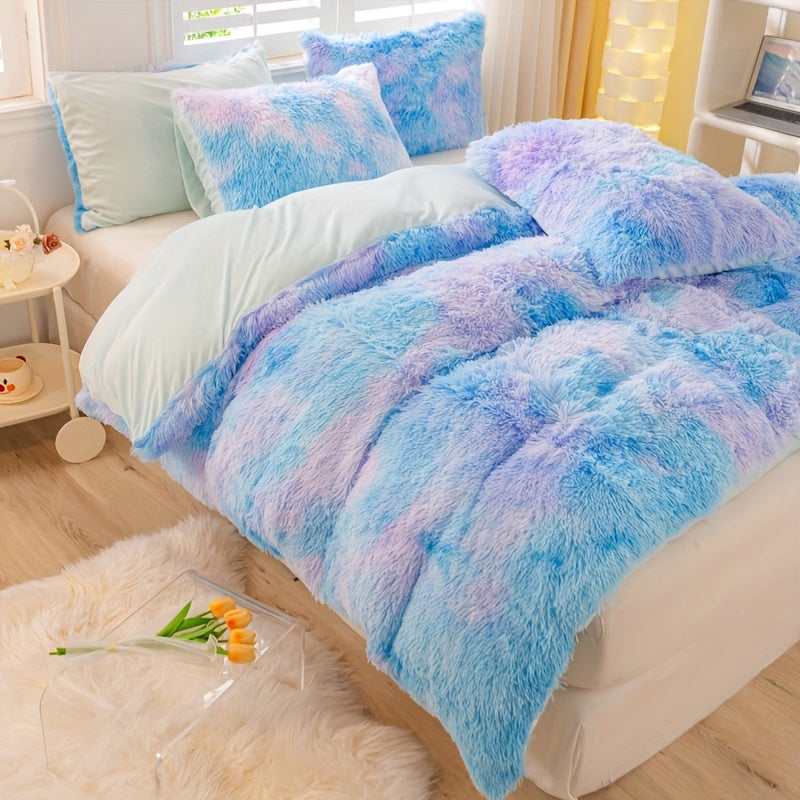 3pcs Y2K Tie Dye Plush Duvet Cover Set ( 1 Duvet Cover + 2 Pillowcase), Soft & Warm Bedding Set