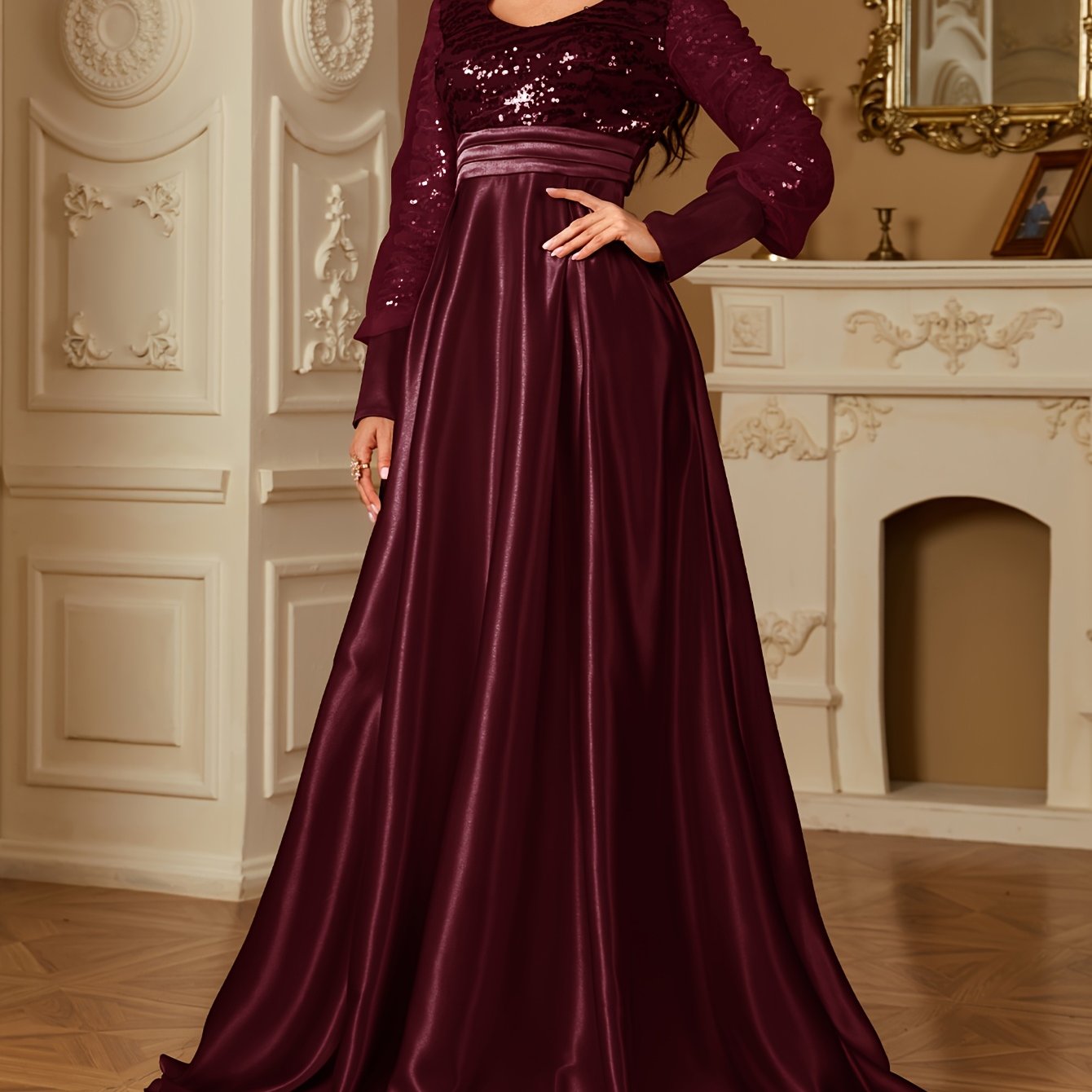 XUIBOL Women's Elegant Long Sleeve Satin Evening Gown - Waist-Cinching Slim Fit A-Line Dress with Sparkling Pearl & Sequin Embellishments, Round Neck Floor-Length Formal Party Dress for Weddings & Galas - Daisan Mart