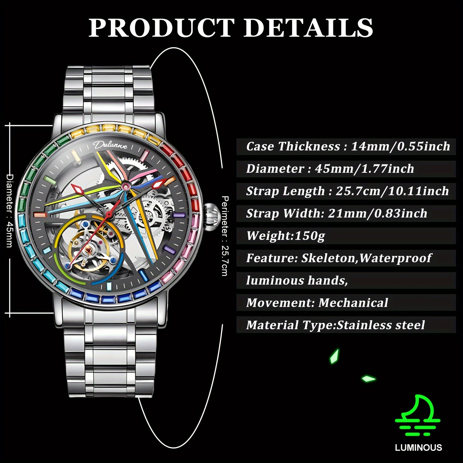 Đồng hồ nam máy cơ lộ máy viền đá quý phát sáng