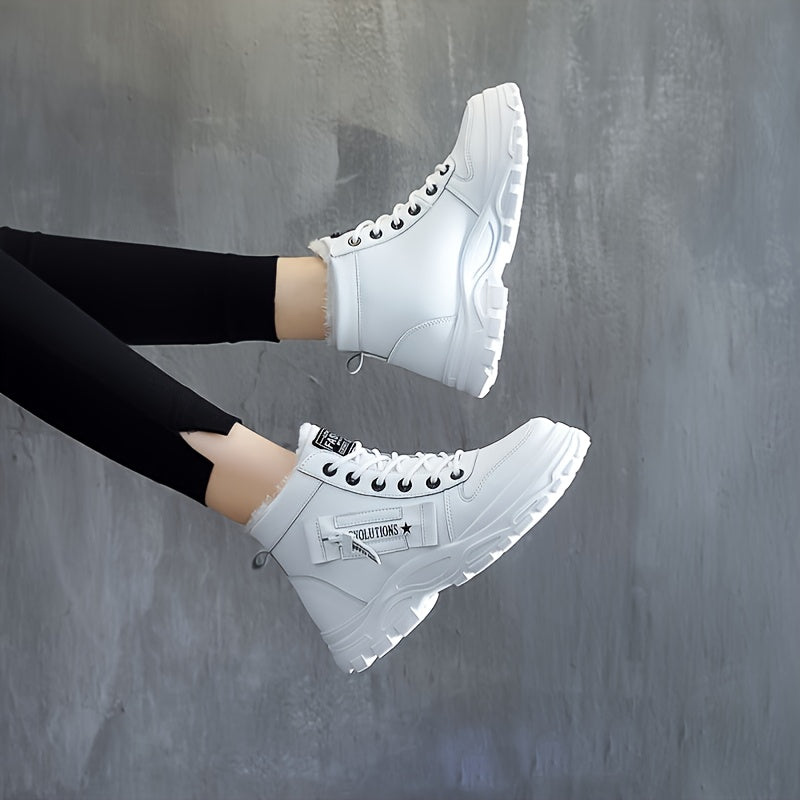 [Warm Fleece-Lined Winter Boots] Warm Fleece-Lined Women's Winter High-Top Boots - Thick Rubber Sole, Lace-Up Casual Style, White & Beige, Perfect for Cold Weather Comfort - Daisan Mart