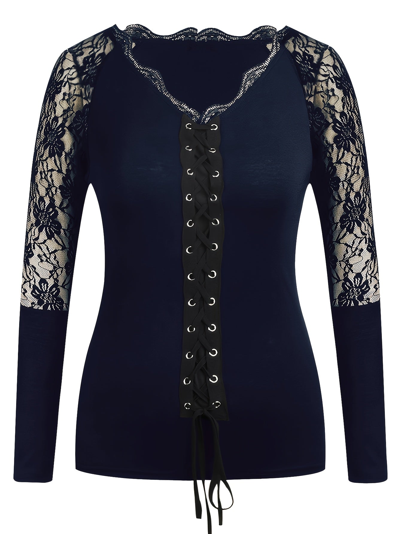 [Sexy Blouse] Sexy V Neck Lace Long Sleeve Blouse Tops | Womens Gothic Casual US - Daisan Mart