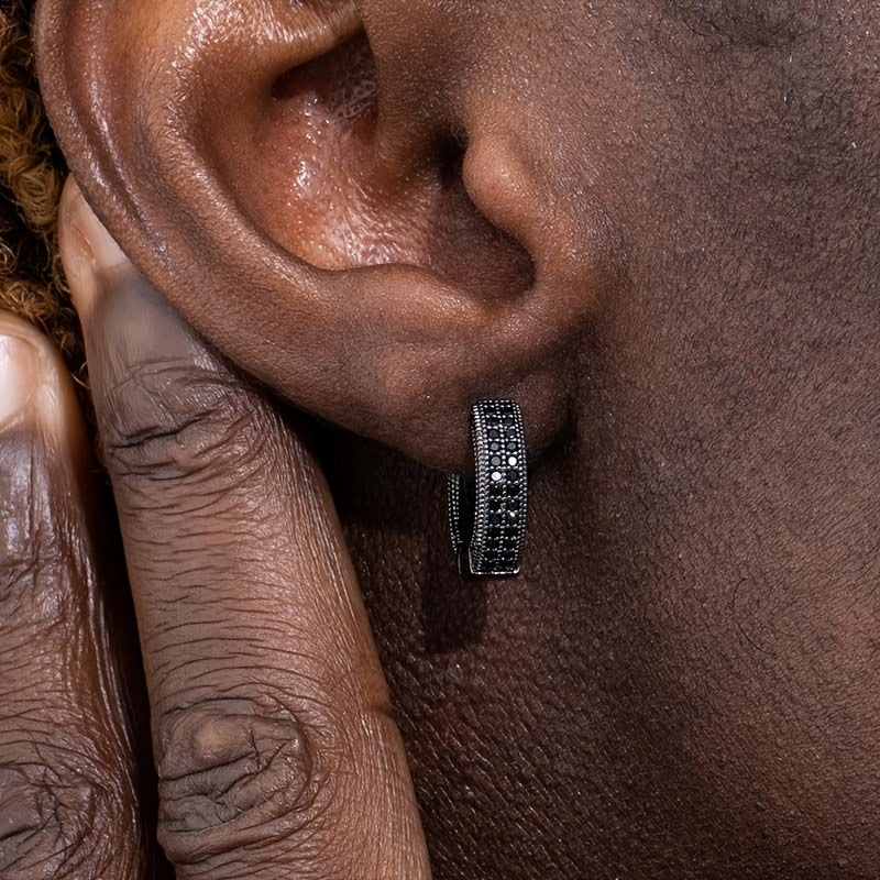 Men's Black Hoop Earrings - Sleek Modern Design with Sparkling Crystals, High-Quality Durable Metal, Versatile for Casual &amp; Formal Wear, Trendy Earrings, Fashion Statement, Contemporary Jewelry, Polished Finish, Statement Pie