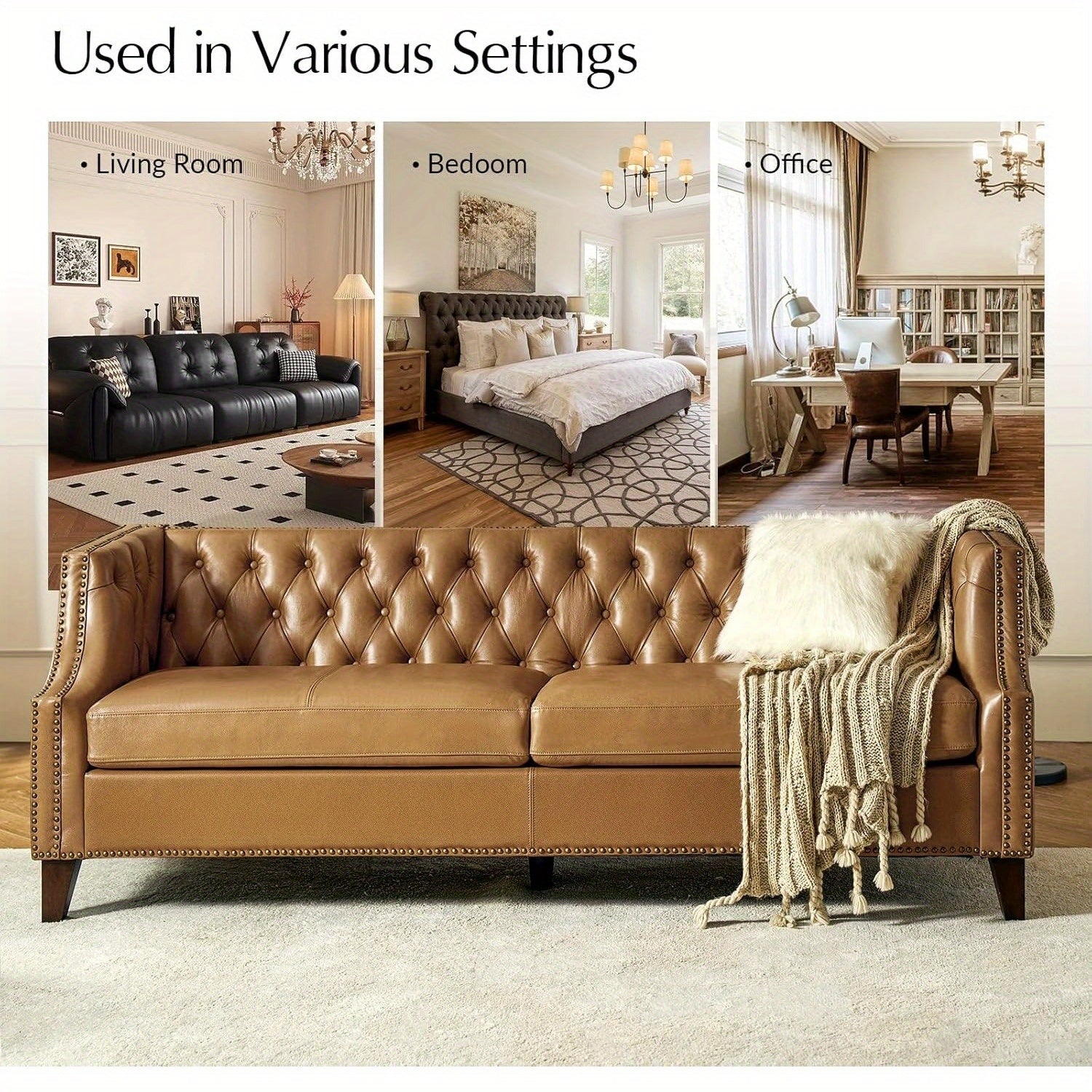 [Luxury Chesterfield Sofa] HULALA HOME 84" Genuine Leather Chesterfield Sofa | Button-Tufted 3-Seater with Solid Wood Legs, Mid-Century Modern Design, Camel Upholstery for Living Room, Apartment & Entertainment Areas, Section - Daisan Mart