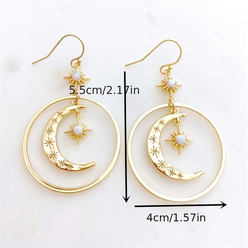[Moon Earrings] Golden-Tone Boho-Chic Moonstone Dangle Earrings for Women - Crescent Moon with Star Motifs, Zinc Alloy, Perfect for Daily Wear & Parties