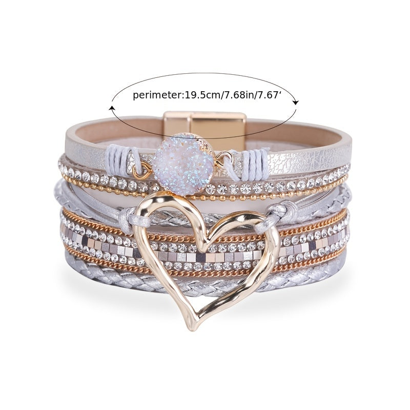 [Boho Chic Heart Bracelet] Boho Chic Multi-Layer PU Leather Magnetic Clasp Bracelet - Black Braided Design & Crystal Accents, Golden-Tone Metal Heart Pendant, Elegant Love Heart - Daisan Mart