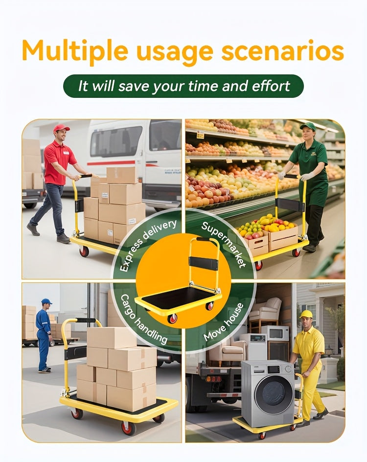 A Foldable Platform Hand Truck With High Load-bearing Capacity, Crafted From Carbon Steel, Features Two 360° Silent Swivel Wheels And Two Fixed Silent Wheels For Easy Transportation Of Boxes, Furniture, And Appliances. Ideal