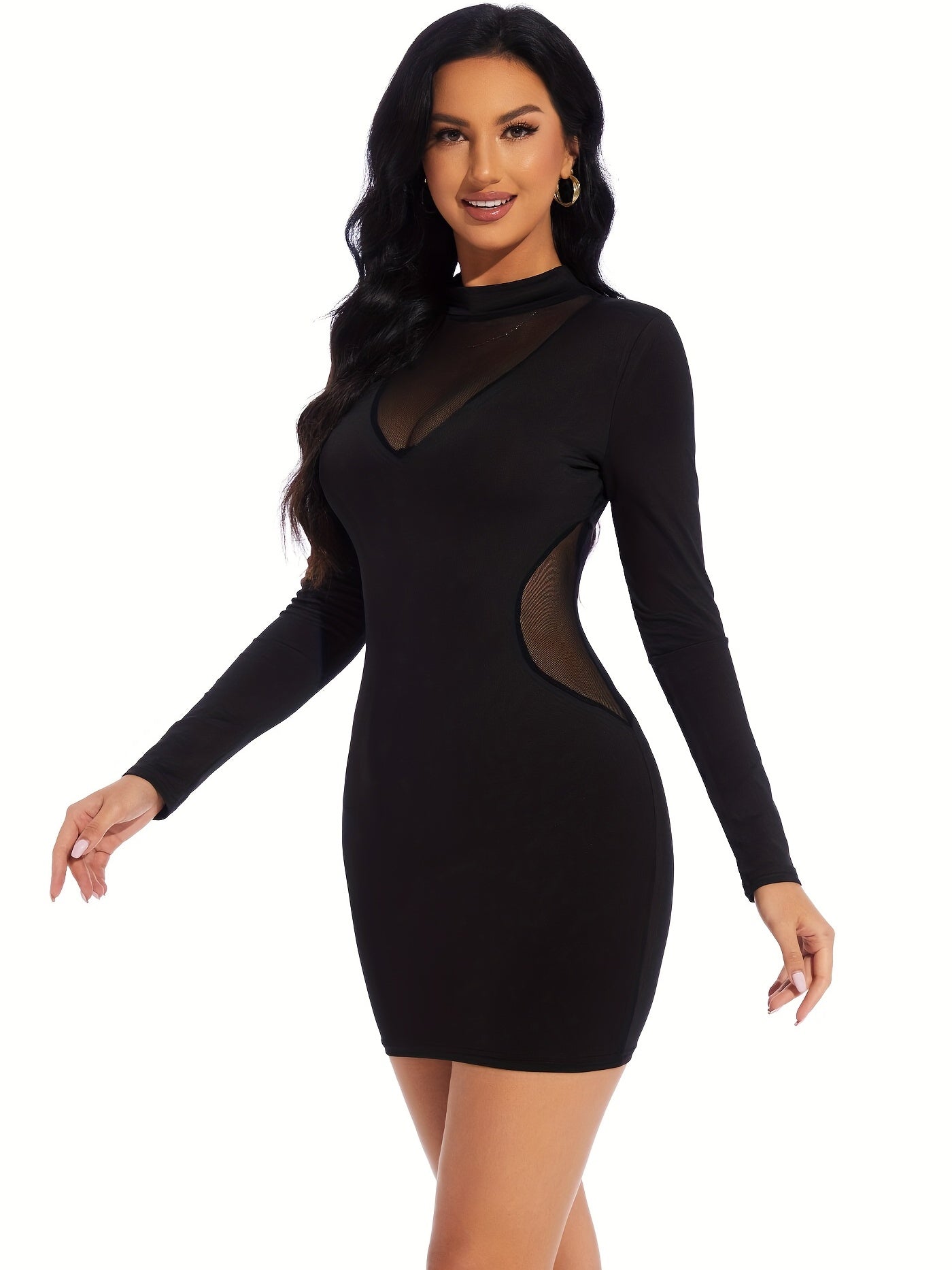 Solid Contrast Mesh Round Neck Long Sleeve Dress, Sexy Stretchy Bodycon Party Mini Dress, Women's Clothing