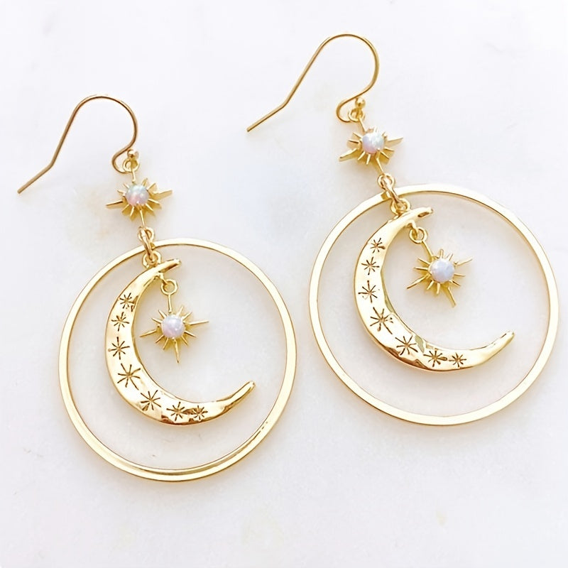 [Moon Earrings] Golden-Tone Boho-Chic Moonstone Dangle Earrings for Women - Crescent Moon with Star Motifs, Zinc Alloy, Perfect for Daily Wear & Parties