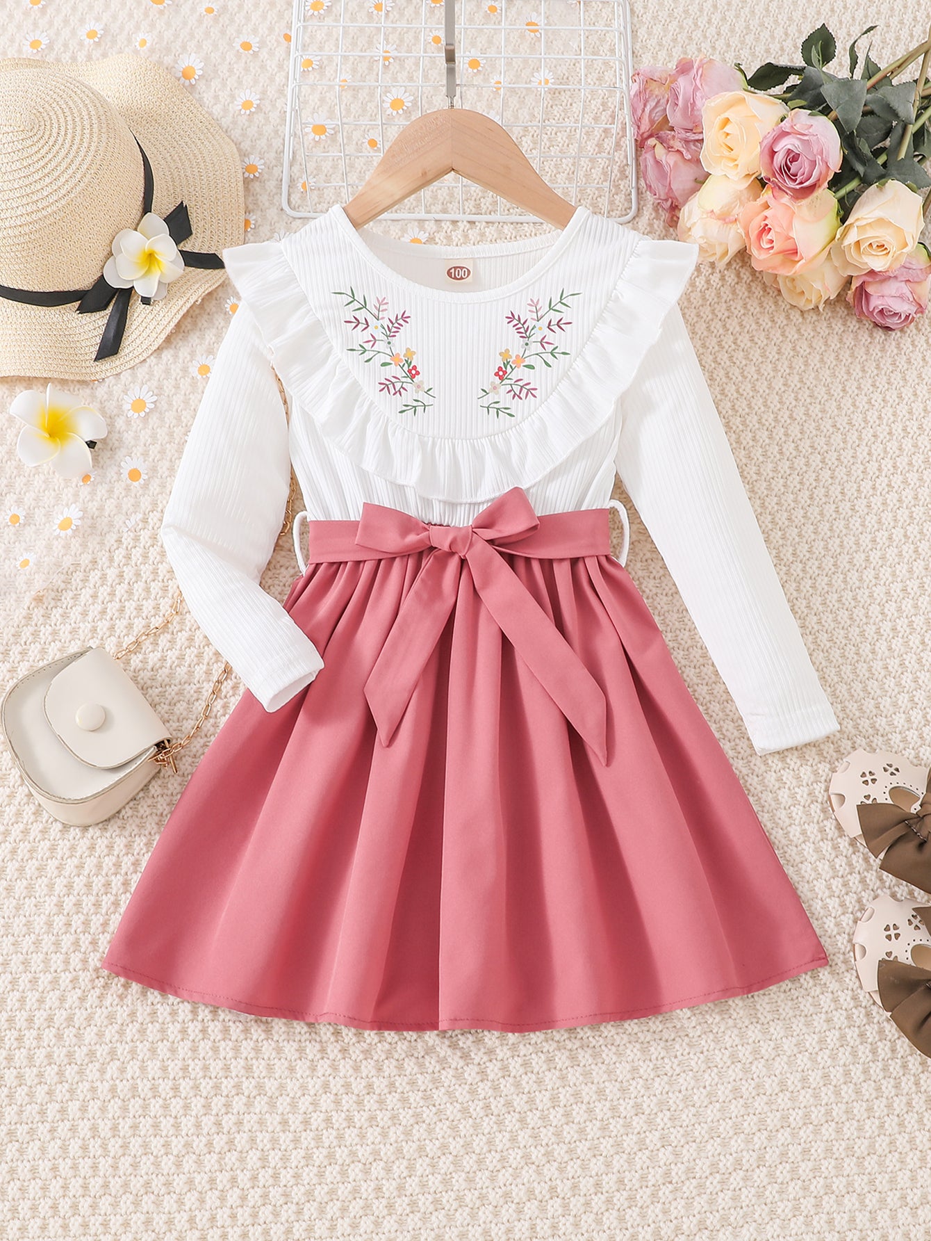 Baby Girl's Long Sleeve Floral Dress with Belt - Gentle Spring and Autumn