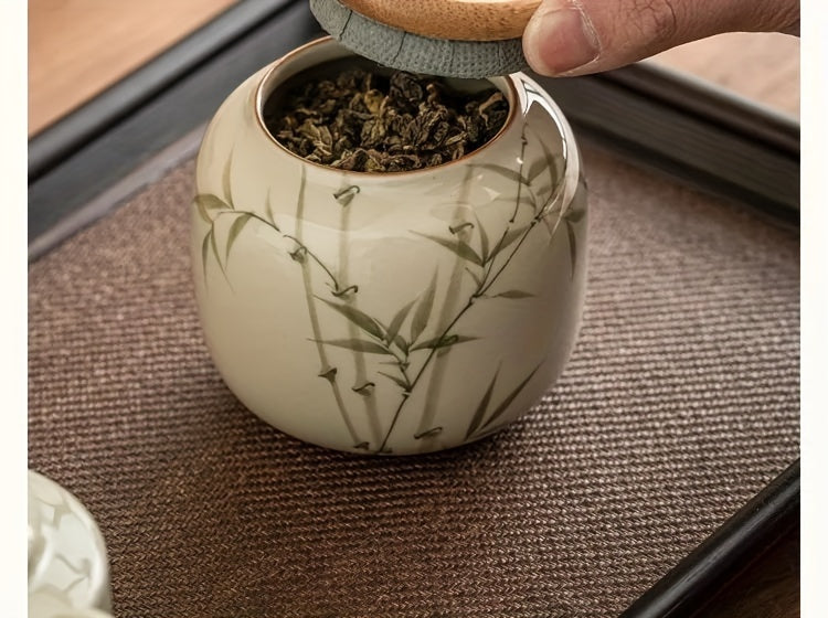 [High-Grade Pu'Er Green Tea Jar] Emerald Green Asparagus Fern Tea Jar Sealed Jar Ceramic Tea Container Moisture-Proof Chinese High-Grade Pu'Er Green Tea Warehouse
