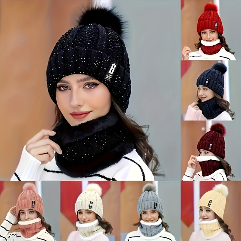 2pcs Winter Warm Set: Windproof Thick Beanie & Scarf Combo with Earmuffs-like Ear - Elastic Stretch Fit Striped Unisex Hat and Scarf for &, Hand Washable Polyester (Gray) - Cold Weather Accessories - Daisan Mart