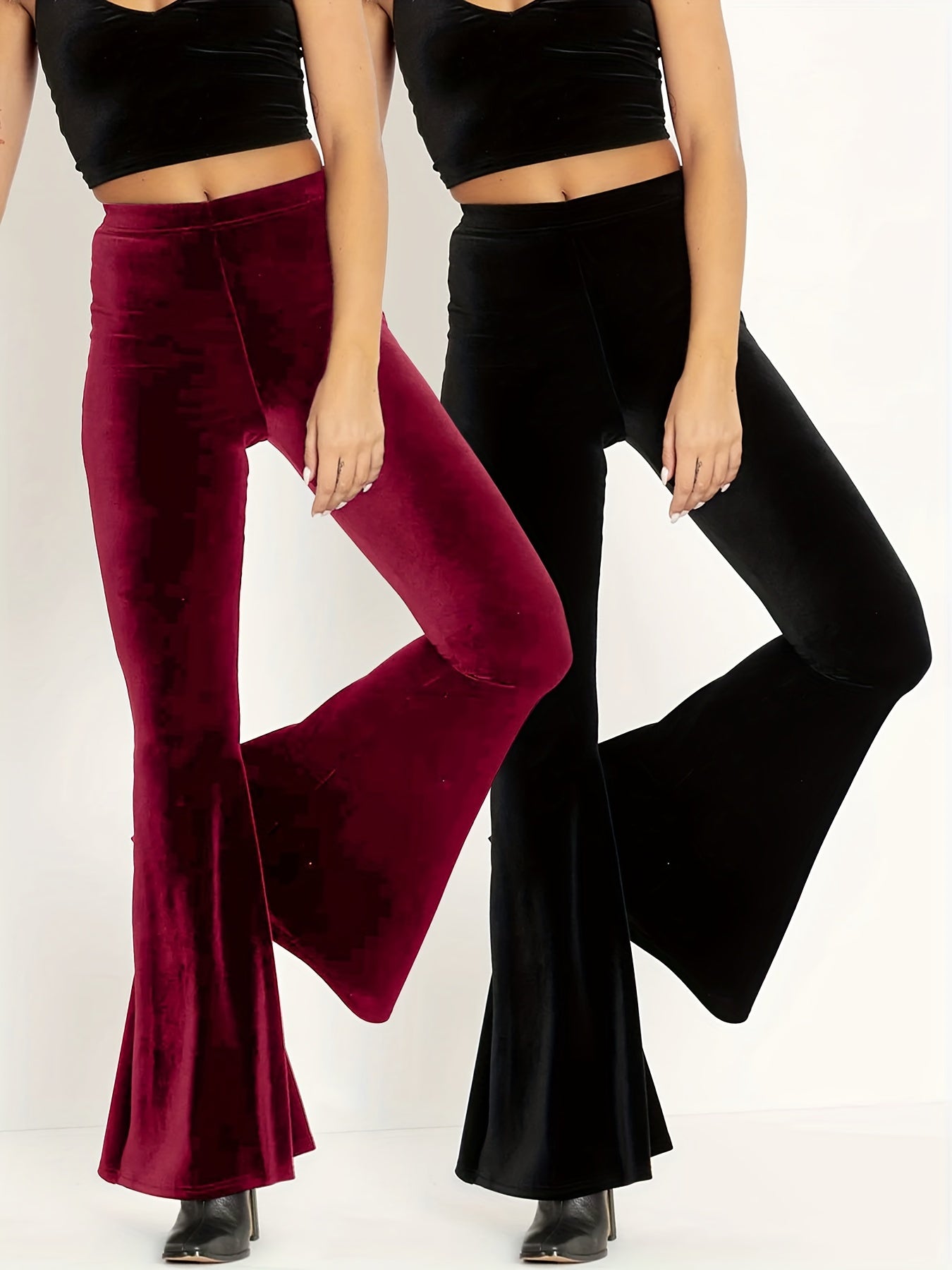 2pcs High Waist Velvet Pants Set for Women - Stretchy Polyester Knit Fabric, Black and Red, Flared Leggings, Fall/Winter Fashion - Daisan Mart