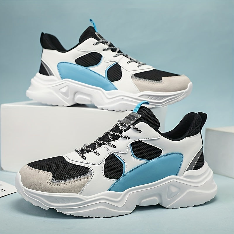 [Breathable Sneakers] Chunky Breathable Mesh Sneakers | Men's White &amp; Teal Casual Sneakers with EVA Sole, Lace-Up Design for All Seasons