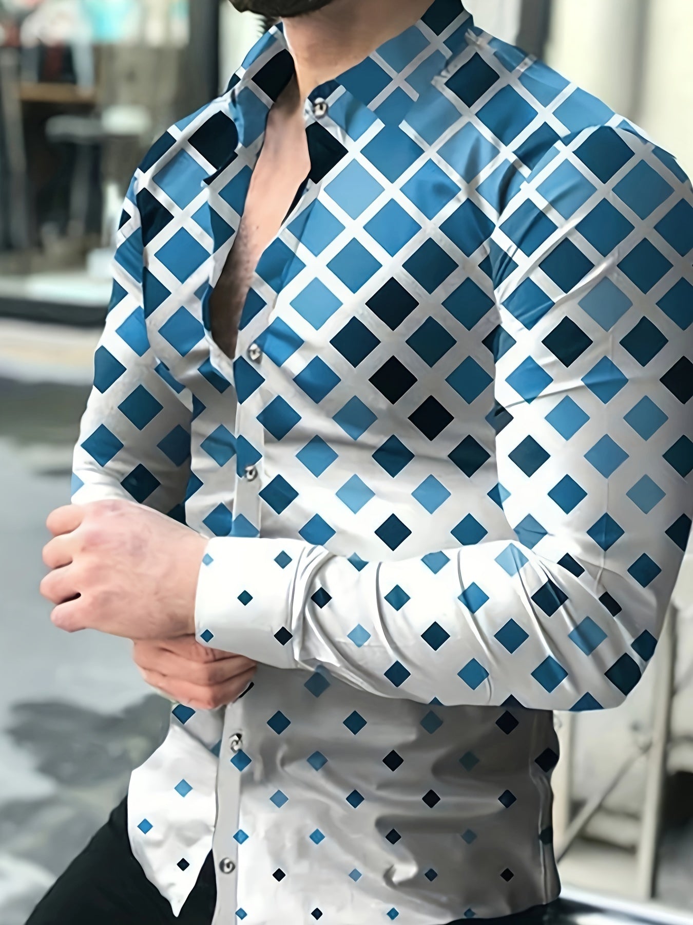 Men's Boho Chic Long Sleeve Casual Shirt - Green &amp; White Geometric Pattern, Polyester, Button-Up with Lapel Collar, Machine Washable for Spring/Fall