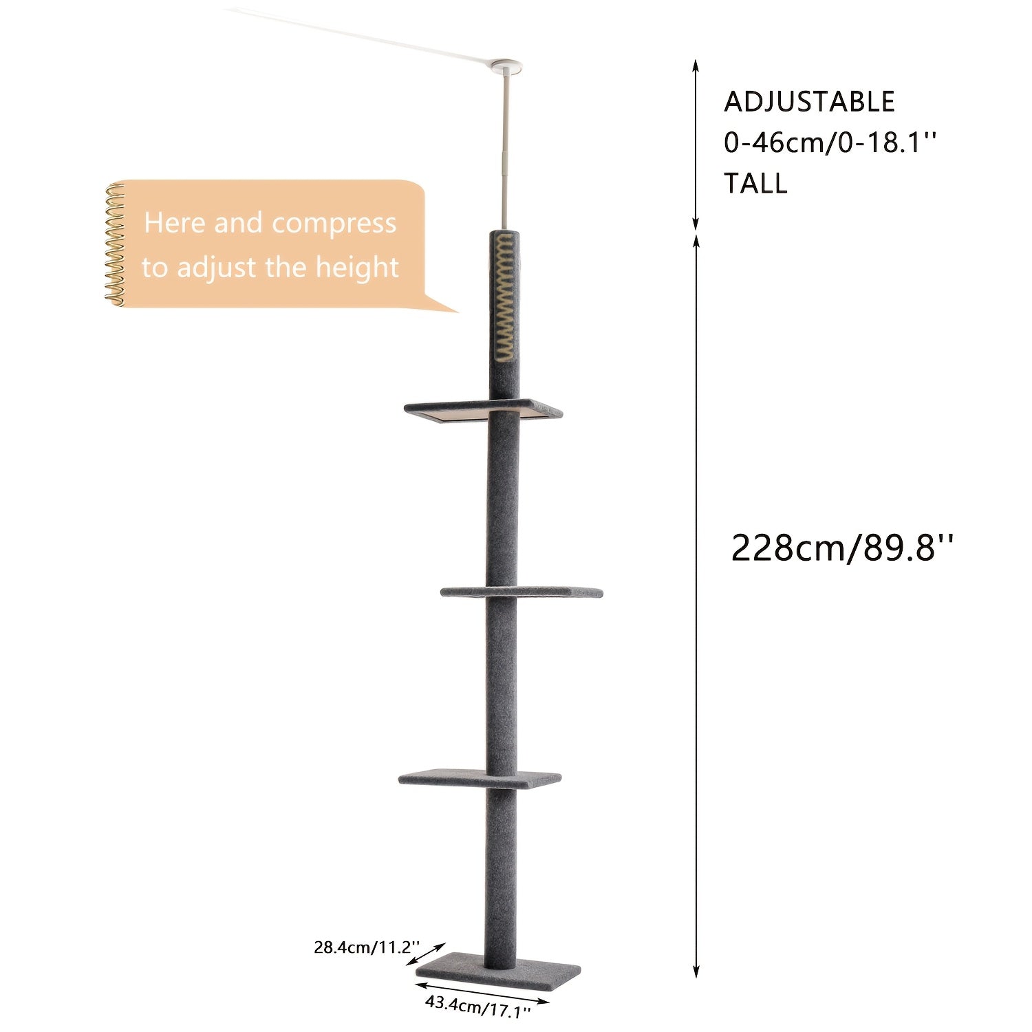 90-107" Floor To Ceiling Cat Tree Tower 4 Tier Tall Cat Climbing Posts Adjustable, Gray, Black, Khaki