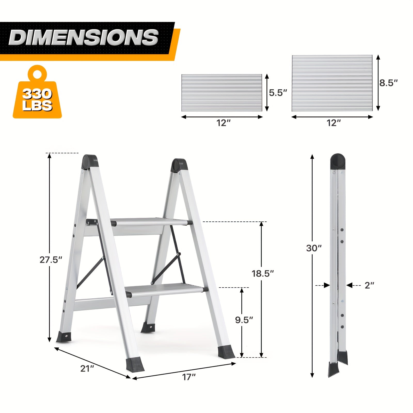 MoNiBloom 2 Step Ladder Portable Folding Stool with Wide Platform Step, Non-Slip Feet, 330 lbs Capacity for Home and Kitchen, Silvery
