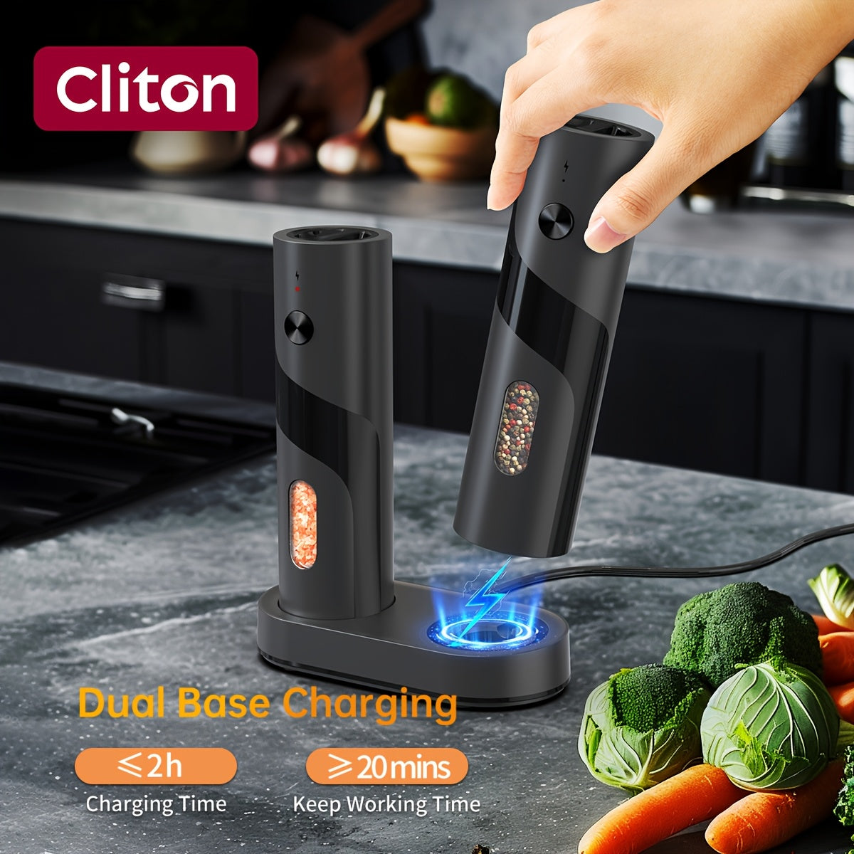 Convenient 2-piece LED automatic electric salt and pepper grinder set
