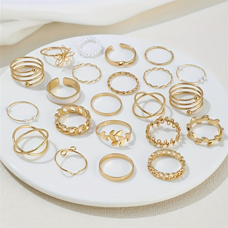 22-Piece Ring Set - Elegant &amp; Delicate Leaf Pattern