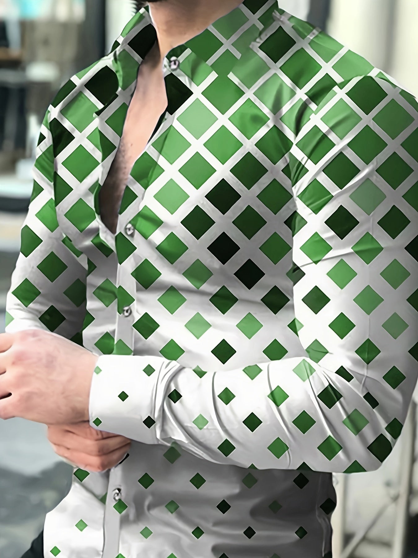 Men's Boho Chic Long Sleeve Casual Shirt - Green &amp; White Geometric Pattern, Polyester, Button-Up with Lapel Collar, Machine Washable for Spring/Fall