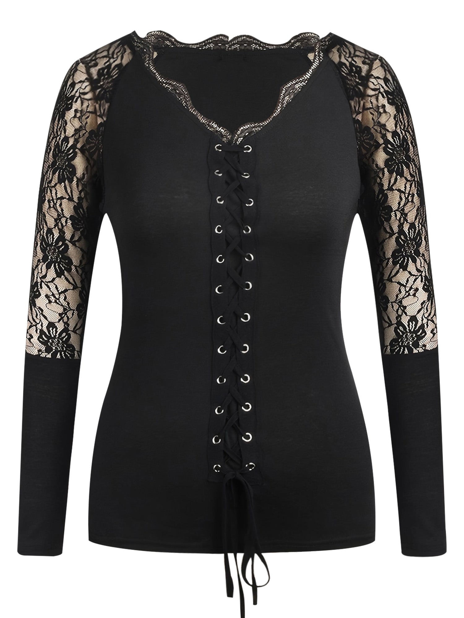 [Sexy Blouse] Sexy V Neck Lace Long Sleeve Blouse Tops | Womens Gothic Casual US - Daisan Mart