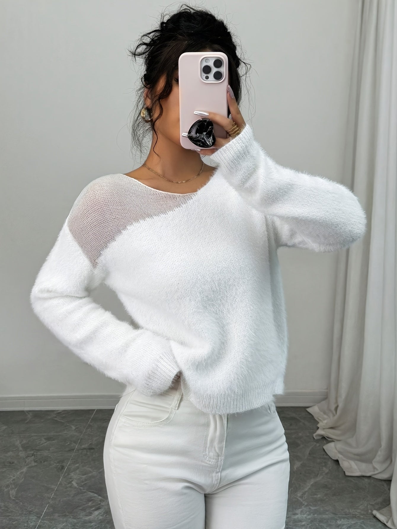 Gavin Women's Elegant Semi-Sheer Sweater - Soft Stretch Round Neck Long Sleeve Top, All-Season Versatile Layering Piece, Solid Color Chic Pullover, Sweater, Casual Wear, Minimalist Fashion, Comfortable Fit