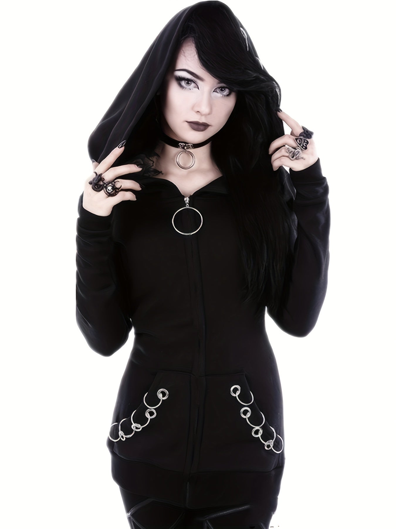 [Stylish Hoodie] Stylish Black Zip-Up Hoodie | Casual Long Sleeve, Polyester Blend, Machine Washable - Perfect for All Seasons with Unique Chain Detail