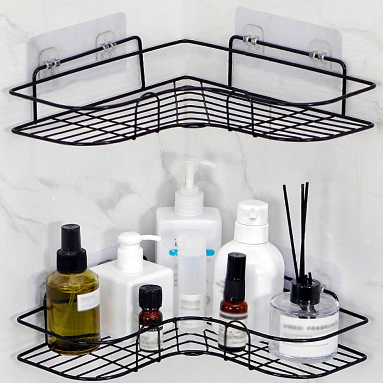 [Cast Iron Shower Shelf] 1pc Cast Iron Corner Shower Shelf - No-Drill Wall Mounted Black Wire Mesh Bathroom Storage Rack for Easy Access & Organization, Perfect for Shampoo, Conditioner, and Soap, Bathroom Storage Solution | - Daisan Mart