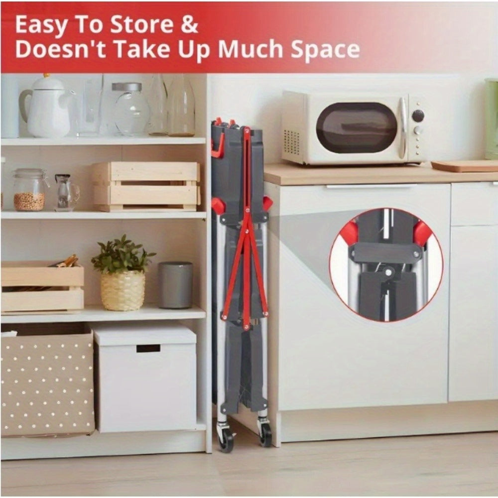 Heavy-Duty 3-Tier Folding Wheeled Cart with 56 lbs Load Capacity per Shelf - Portable Metal Service Cart with 4-Wheel Mobility, Sturdy Frame &amp; Red Accents