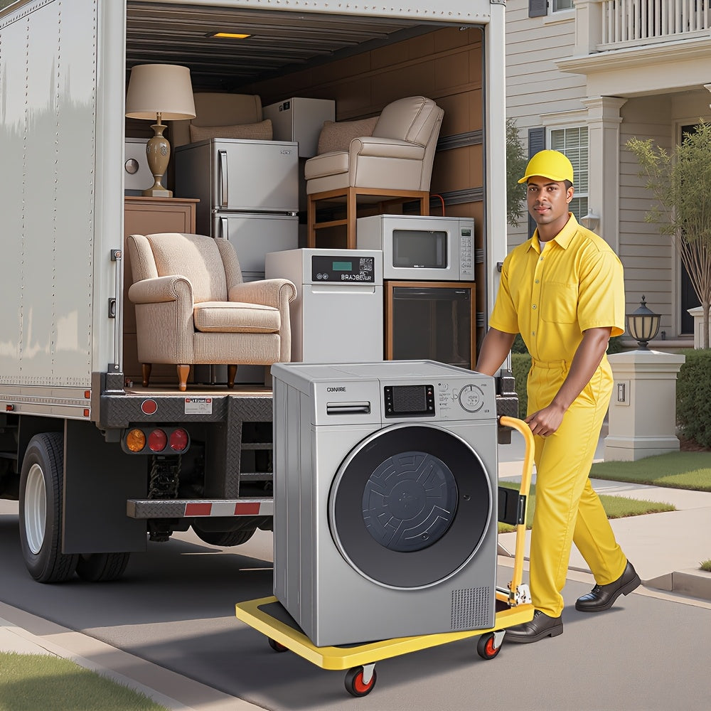 A Foldable Platform Hand Truck With High Load-bearing Capacity, Crafted From Carbon Steel, Features Two 360° Silent Swivel Wheels And Two Fixed Silent Wheels For Easy Transportation Of Boxes, Furniture, And Appliances. Ideal