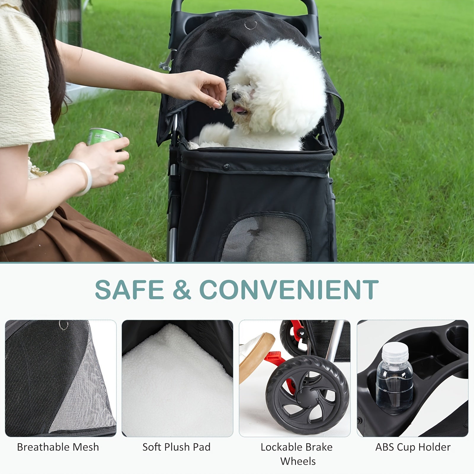 3 Wheels Pet Stroller, Foldable Dog Cat Cage Jogger Stroller With Weather Cover For All-Season, Storage Basket And Cup Holder, Breathable And Visible Mesh For Small/Medium Pets