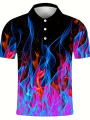 Big Size Golf Shirt 3D Printed Fire Pattern - Light Stretch, Breathable Fabric