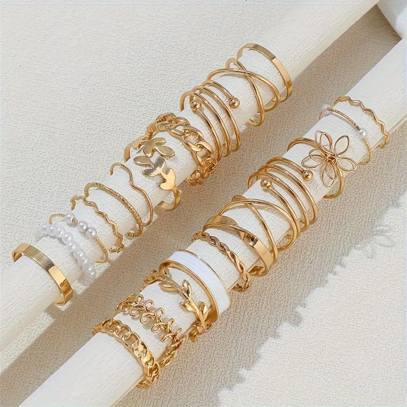 22-Piece Ring Set - Elegant &amp; Delicate Leaf Pattern
