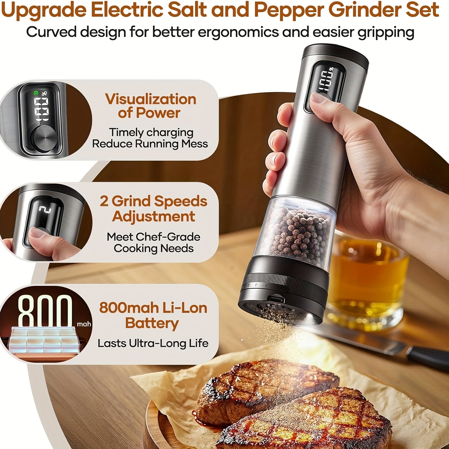 Large Rechargeable Electronic Salt &amp; Pepper Mill with LED Light