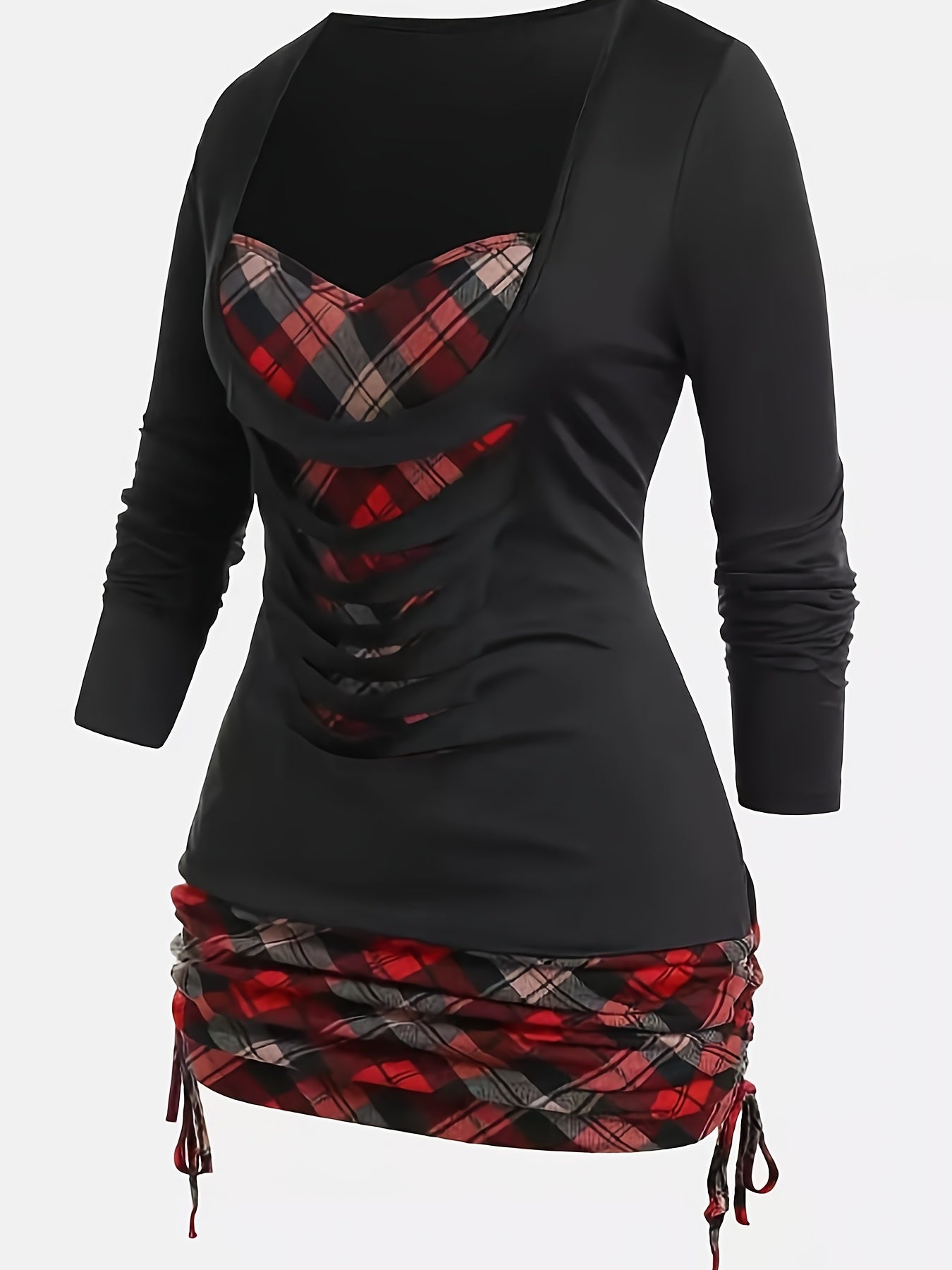 Long Sleeve Plaid Print Deep V Neck Casual T-shirt - Soft Slight Stretch Fabric, Ripped Details, Machine Washable, All Season Wear - Polyester Knit Fabric, Acrylic Lining, Pullover Style, Regular Fit