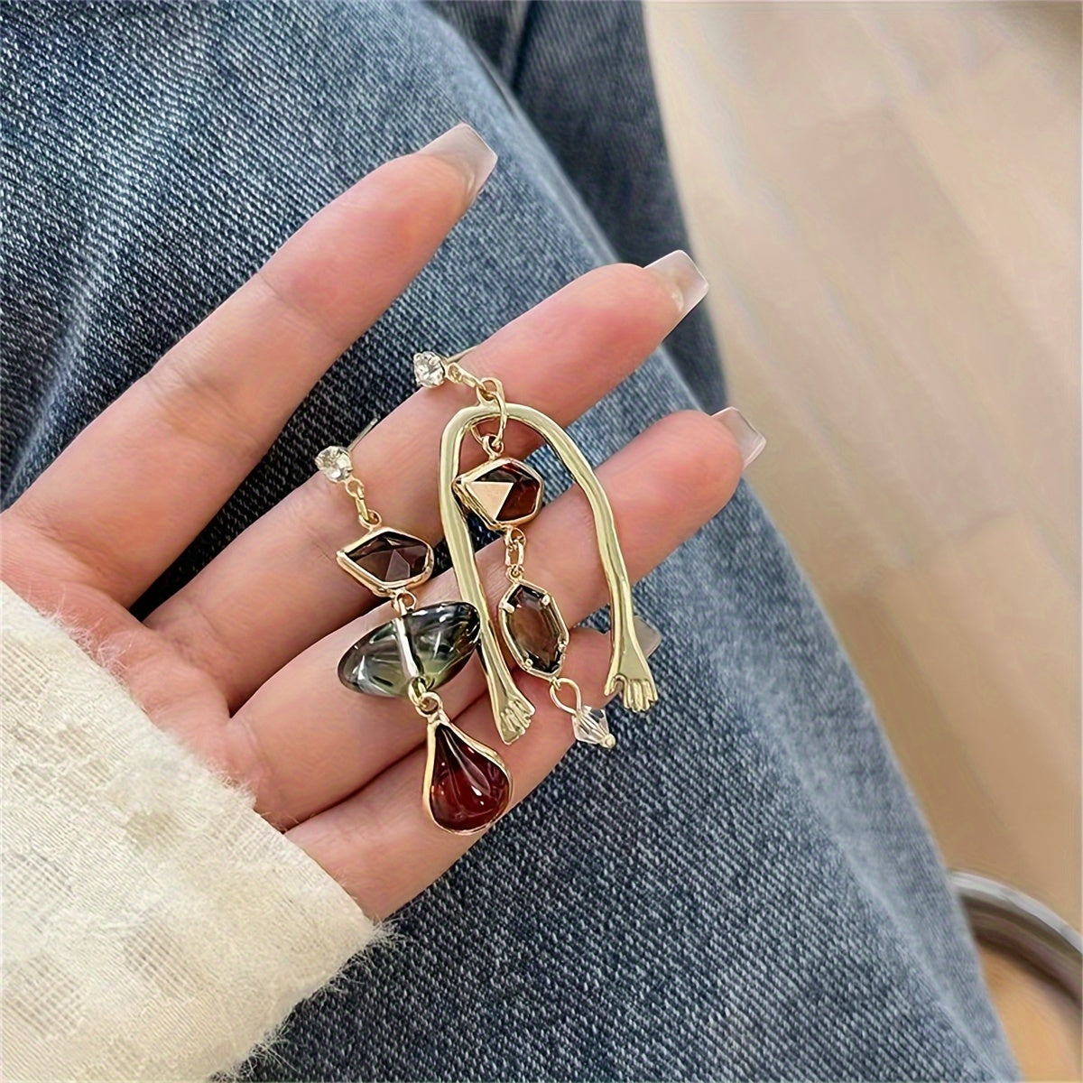 Elegant Asymmetrical Dangle Earrings for Women - Luxurious 14K Golden Plated Alloy with Synthetic Cubic Zirconia, Black & Orange Gemstone Accents, Chic Statement Jewelry for Daily Wear or Gifting, Gift Jewelry | Asymmetrical