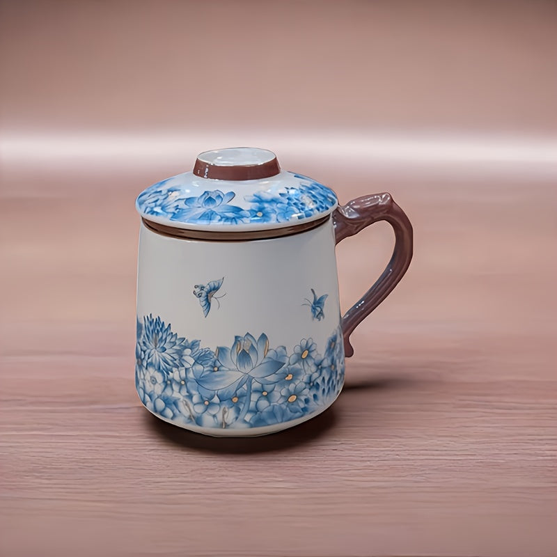 藍白汝家茶杯附蓋 - 花卉咖啡杯，手工製作，傳統中式設計，適合家庭和辦公室使用，僅限手洗，咖啡杯