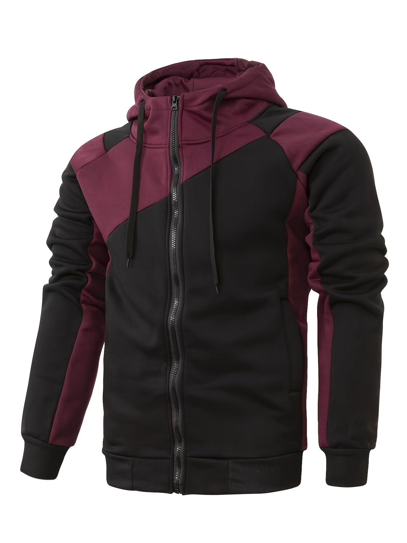 Áo hoodie màu đen viền đỏ bordeaux, khóa kéo, có mũ trùm và dây rút.