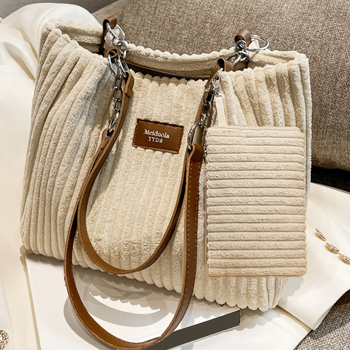 Perfect Lily Women's 2pcs Corduroy Tote & Handbag Set - Elegant Large Capacity Handbags with Zipper Closure, Fixed Strap & Polyester Lining, Beige/White/Green/Black, Versatile for Daily Commute, Work, Shopping - Durable Cordu - Daisan Mart