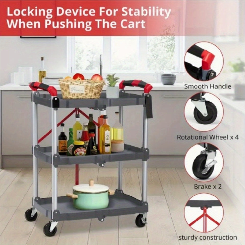 Heavy-Duty 3-Tier Folding Wheeled Cart with 56 lbs Load Capacity per Shelf - Portable Metal Service Cart with 4-Wheel Mobility, Sturdy Frame &amp; Red Accents