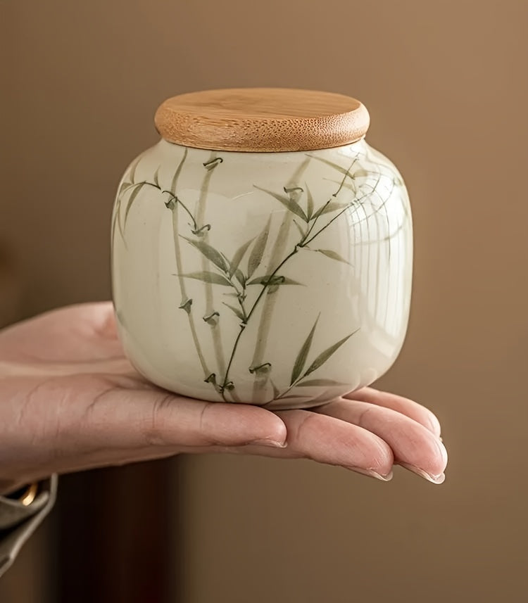 [High-Grade Pu'Er Green Tea Jar] Emerald Green Asparagus Fern Tea Jar Sealed Jar Ceramic Tea Container Moisture-Proof Chinese High-Grade Pu'Er Green Tea Warehouse