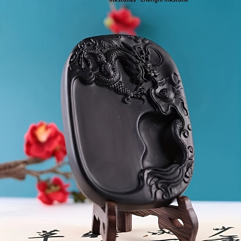 Chengni Inkstone Dragon-Carved Seal Platform - Elegant Black Oval Stone with Detailed Dragon and Cloud Design, Ideal for Traditional Chinese Calligraphy and Painting Supplies, Artistic Inkstone Platform|Dragon Motif Design|Sm